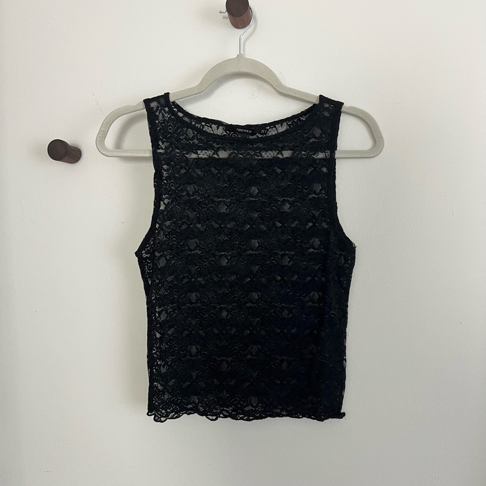 Forever 21 Black Lace High Boat Neck Tank Top